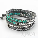 Round Turquoise and Silver Color Beads and Skull Woven Wrap Bangle Bracelet with Gray Leather Cord