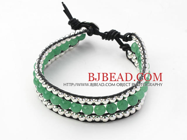 Verde Series Round Aventurine ágata y plata de los granos de la pulsera tejida con cordón de cuero Negro