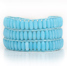 Lake Blue Kleur Cats Eye 3 Wrap Bangle Armband met Blue Wax Koord en Shell sluiting