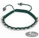 5 Piezas Dark Green Thread and White Square Rhinestone Forma y Hematita Pulseras cordón ajustable tejida