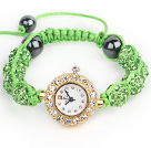 Fashion Style Apple Green Rhinestone Ball Adjustable Drawstring Bracelet with Golden Color Watch