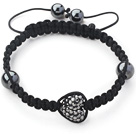 Fashion Style Heart Shape Steel Color Rhinestone and Hematite and Black Thread Woven Adjustable Drawstring Bracelet