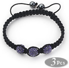 3 Stukken Ronde Purple Rhinestone Ball en hematiet en zwarte draad geweven Verstelbare Koord Armbanden (Totaal 3 stuks armbanden)