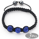 3 Pieces Round Dark Blue Rhinestone Ball and Hematite and Black Thread Woven Adjustable Drawstring Bracelets ( Total 3 Pieces Bracelets)