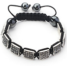 Square Shape Steel Color Rhinestone Sheet and Hematite and Black Thread Woven Adjustable Drawstring Bracelet