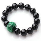 Single Strand A Grade Faceted Black Agate And Drum Shape Green Jade Elastic Bracelet