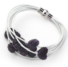 Dark Purple Heart Shape Rhinestone and White Leather Bracelet with Magnetic Clasp