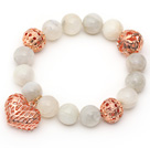 12mm Round Moonstone Beaded Stretch Bracelet with Golden Rose Color Hollow Heart and Ball Accessories