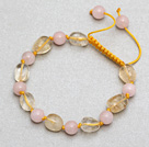 Egg Shape Citrine and Round Rose Quartz Knotted Adjustable Drawstring Bracelet