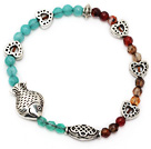 beautiful round blue jade and multi agate tibet silver fish heart charm beads bracelet