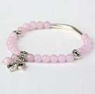 Nice Round Pink Jade and Tibet Silver Tube Heart Charm Beaded Bracelet under $ 40