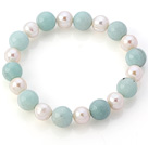 Elegant Natural White Freshwater Pearl And Round Amazon Stone Beads Elastic Bracelet