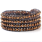 Mooi Multilayer 4mm Gold Kunstmatige Crystal En handgeknoopt Brown Wax Cord wrap armband