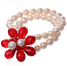 Fashion Double Strands Natural White Freshwater Pearl And Faceted Red Teardrop Crystal Flower Bangle Bracelet