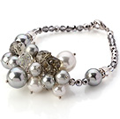 Nice Cluster White And Gray Seashell Pearl And Manmade Crystal Bracelet With Lobster Clasp