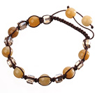 Dejlig Runde Gul Jade og Square Crystal Flettet Brown Løbegang Armbånd