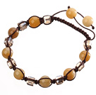 Adorável Rodada Amarelo Jade e Praça do Cristal trançada Brown Cordão Pulseira