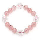 Lovely Style Single Strand Round Rose Quartz Elastic Bracelet with Clear Ctystal Lotus and Sterling Silver Beads