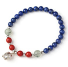 Bonito Único Strand Rodada Lapis Pulseira com Prehnit Coral e 925 Sterling Silver Pig Acessório