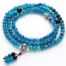 Trendy Beautiful 108 Faceted Light Blue Agate Beads Rosary/Prayer Bracelet with Black Agate and Sterling Silver Beads Accessory