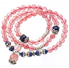 Pretty Three Strands Round Cherry Quartz Bracelet with Lapis Beads and Tibet Silver Accessory