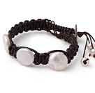 Appena Bella singolo pulsante Strand White Pearl e Dark Brown braccialetto di cuoio lavorato a mano