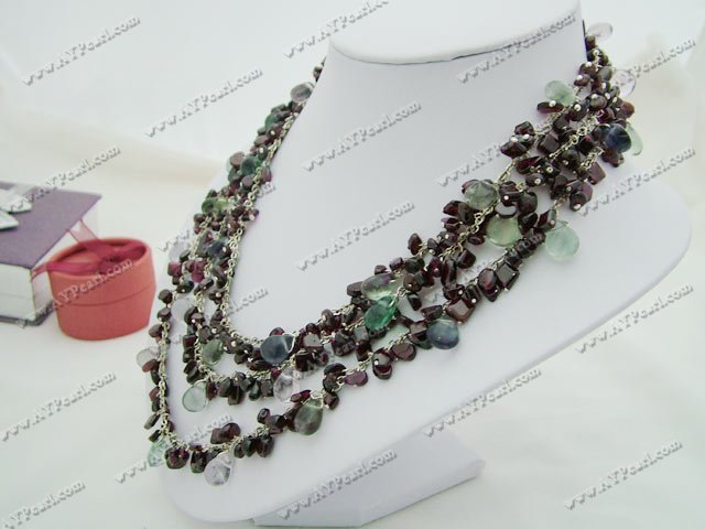 triple strand garnet and rainbow fluorite necklace