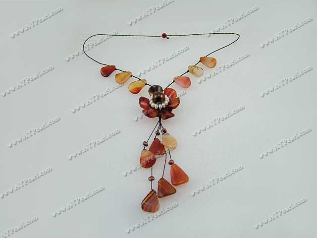 pearl and red carnelian flower necklace