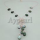 pearl and black lip shell and rose quartz flower necklace