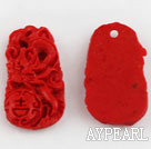 Cinnabar Beads,10*20*30mm rectangle carved with phenix ,Red,Sold by each.
