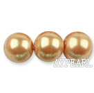 Glass pearl beads,14mm round,golden, about 62pcs/strand, Sold per 32-inch strand