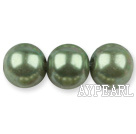 Glass pearl beads,14mm round,light olive, about 62pcs/strand, Sold per 32-inch strand