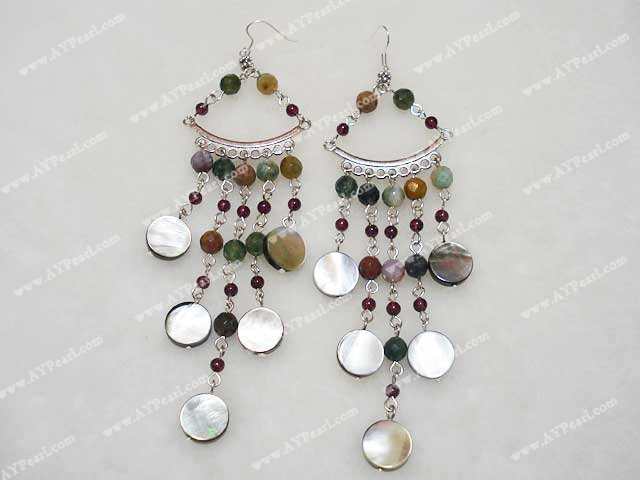 seven colored jade and garnet and shell earrings