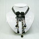 pearl and black jade flower necklace