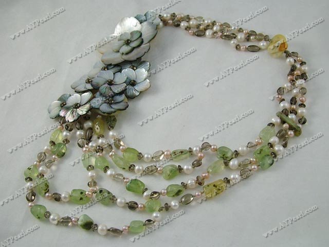 pearl and smoky crystal and shell flower necklace