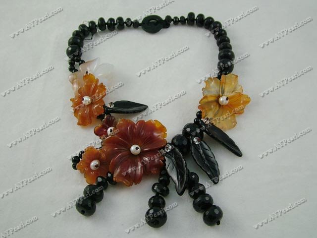 black agate and red agate flower necklace