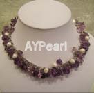 Handmade amethysts white pearls necklace
