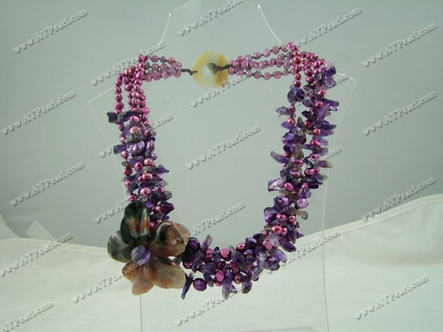 pearl and amethyst and indian agate flower necklace