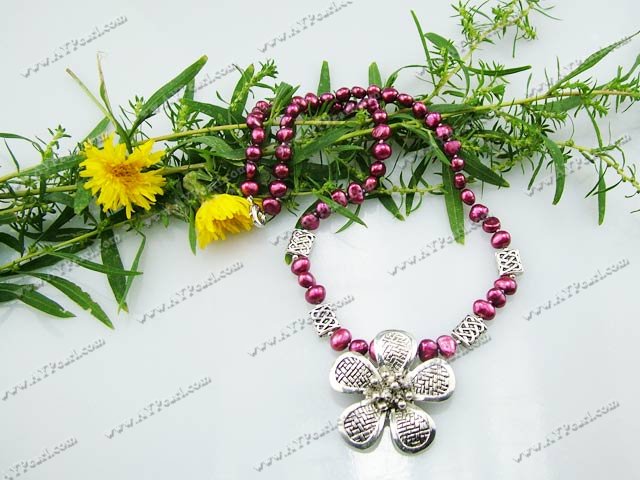 18 inches dyed wine red pearl and tibet silver flower necklace (6-7mm) with lobster clasp