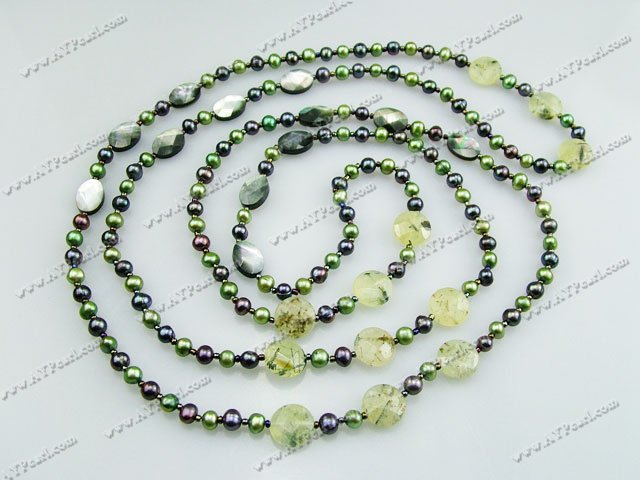 pearl and faceted green rutilated quartz and black shell necklace
