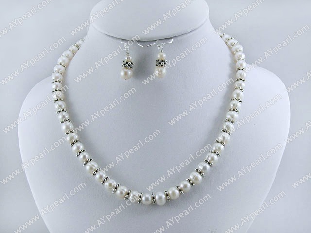 18inches 8-9mm fresh water white pearl tibet silver necklace earring set