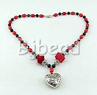 coral and black agate necklace with tibet silver heart shape pendant