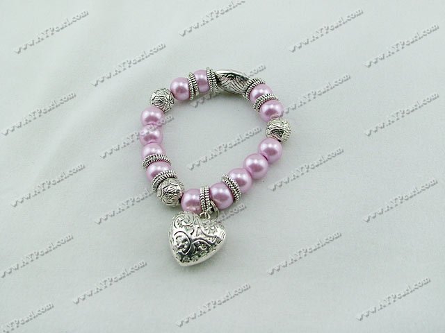 7 inches dyed pink acrylic pearl stretch bracelet with tibet silver heart