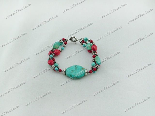 multi strand coral and turquoise and alaqueca bracelet with spring ring clasp