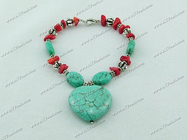 7 inches turquoise and coral bracelet with heart shaped turquoise pendant