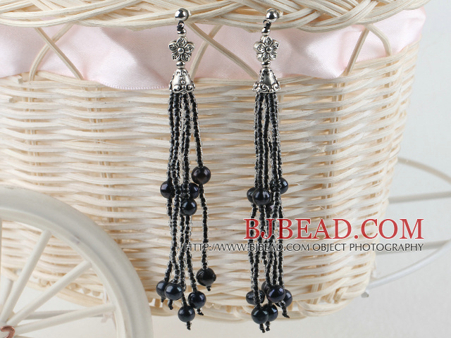 sparkly black pearl and tassel earrings