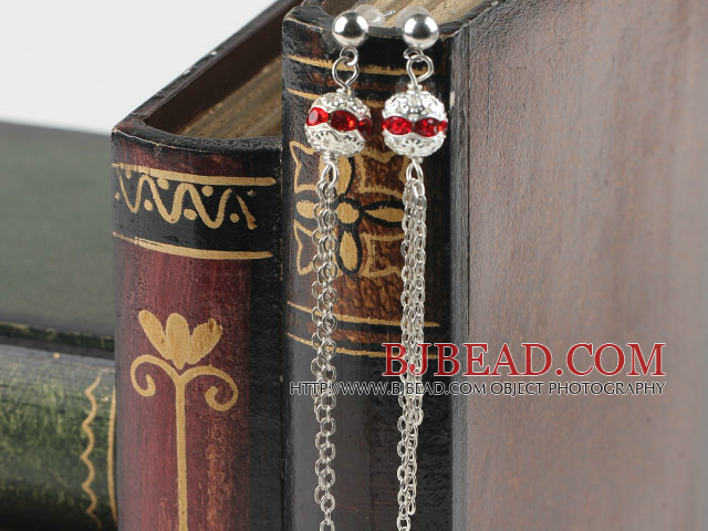 dangling style red rhinestone ball long fashion earrings