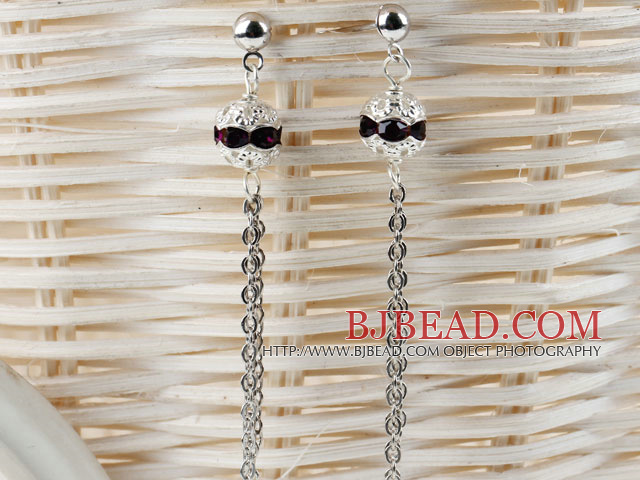 dangling style purple red rhinestone ball long earrings 