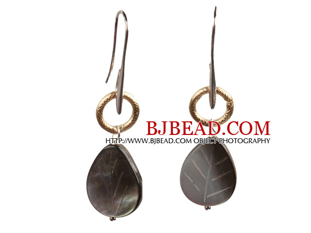 Simple Special Design Leaf Shape Black Lip Shell Dangle Earrings With Golden Loop