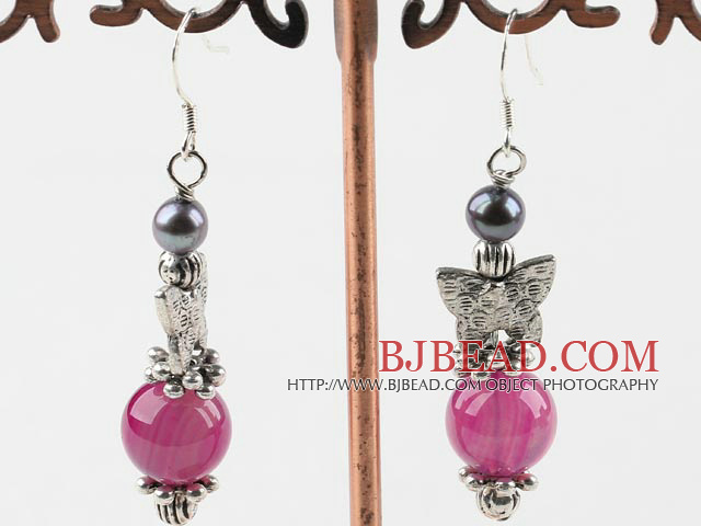 long style butterfly charm black pearl and pink agate earrings